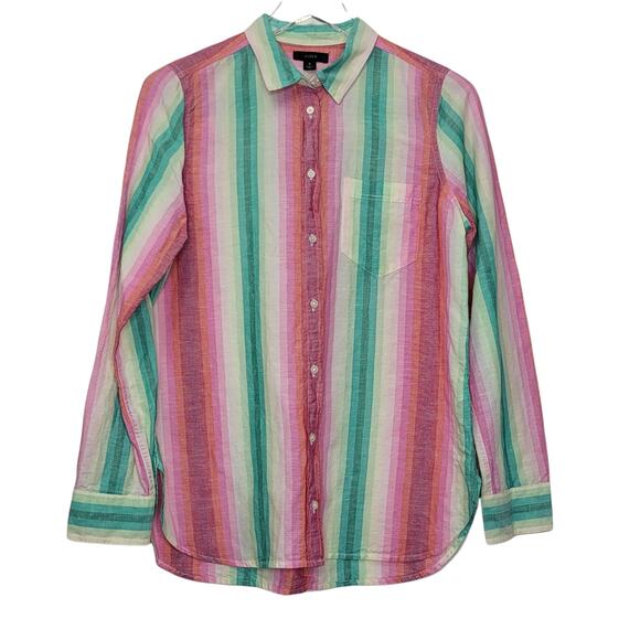 J Crew Linen Blend Shirt Size 8 Multicolor Striped Button Up Colorful Breathable - Picture 1 of 5